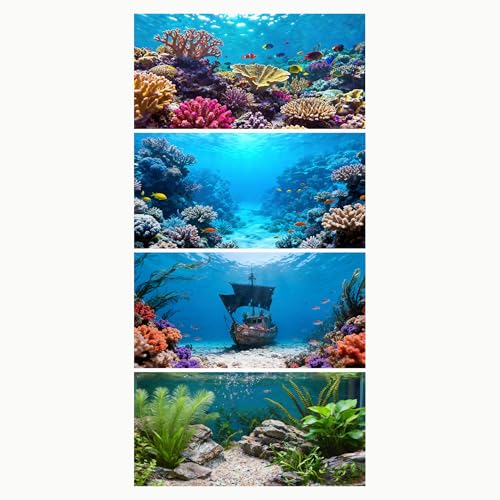 4 Pack Aquarium Background, 36x18 Inch Polyester Cloth Decor for Fish Tank, Set of Undersea Coral Rock & Plant Décor Backgrounds, Aquatic Themed Decorations