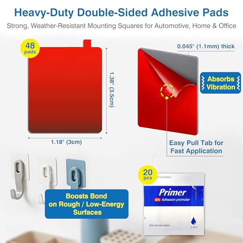 Heavy Duty Double-Sided Adhesive Pads – 48 Pre-Cut Foam Mounting Squares & Sticky Pads with Adhesion Promoter, Weatherproof Mounting Tape for Solar Lights, Outdoor Decor, Automotive Trim & Home Use