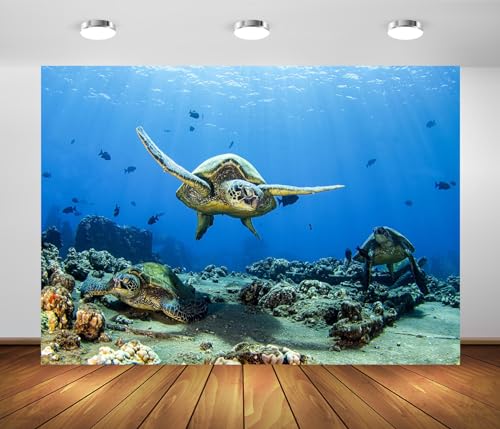 BELECO 8x6ft Fabric Underwater Turtle Backdrop Undersea Swimming Turtle Tropical Fish Coral Reef Blue Deep Sea Background Aquarium Undersea Party Decorations Baby Shower Birthday Photo Prop
