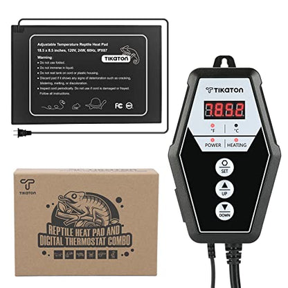 Reptile Heating Pad and Digital Thermostat Combo Set, Under Tank Heater for 10-20gal/30-40gal Tank, Terrarium Heat Mat for Turtle/Snake/Lizard/Frog/Spider/Plant Box - size: 1 Pack-18.5" X 8.5"