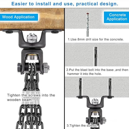 BeneLabel Heavy Bag Ceiling Mount with Spring & Chains 360° Rotation Punching Bag Ceiling Hanger with Bearings Boxing Bags Holder Hardware with 2 Wood Screws and 2 Expansion Screws - color: Hanger with Black Chain (800 LBs Capacity)