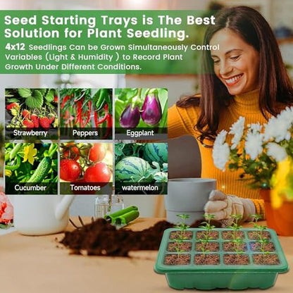 Seed Starter Tray with Grow Light，Seed Starter Kit with Timing Controller Adjustable Brightness, Heightened Lids Growing Trays for Greenhouse & Gardens，4 Pack (Green)