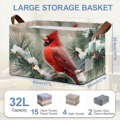 Red Cardinal Storage Baskets,Snow Winter Foldable Organizer Bin with Handles for Home Living Room Bedroom Closet Box 17x11.5x10Inch - color: Red Cardinal Snow Winter