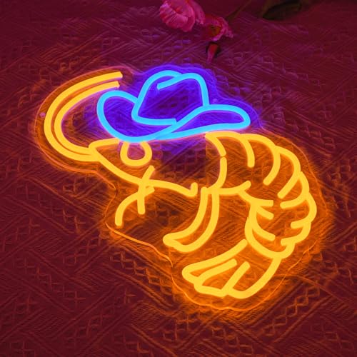 Cowboy Shrimp Neon Sign for Wall Decor, USB Powered Shrimp Neon Light Wall Art, Seafood LED Light Up Sign for Seafood Restaurants, Pub, Store, Man Cave - style: Cowboy Shrimp