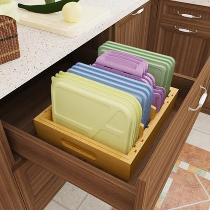 Lid Organizer for Cabinet – Bamboo Kitchen Storage for Plastic Lids, Adjustable Drawer Dividers, Food Container Organizer (Fits Cabinets & Drawers) (Large)
