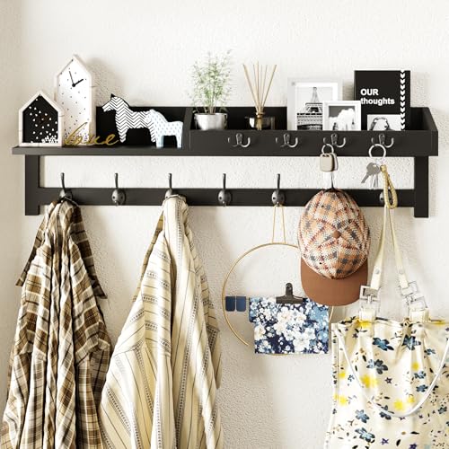 AMBIRD 35 inch Wall Hooks with Shelf, Coat Rack Wall Mount, Large Coat Hanger for Wall, Entryway Shelf with 7 Dual Coat Hooks, 4 Key Hooks and Mail Organizer, Wooden Key Holder Rack (Black) - color: Black, size: 35" L