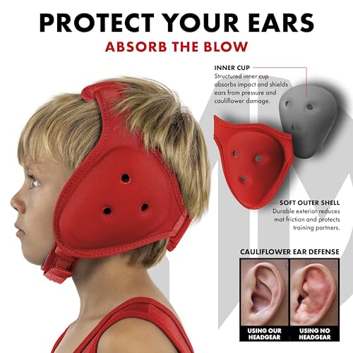 Matman Dynasty Wrestling Headgear & Protective Ear Guards for BJJ & MMA - color: Red, size: Youth