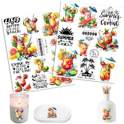 UV DTF Cup Wrap Summer Drink Transfer Stickers for Tumblers and Glasses, 2 Sheets Rub On Decals for Cups, Mugs, Water Bottles - style: Summer Drink