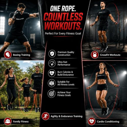 WOD Nation Adjustable Speed Jump Rope For Men, Women & Children - Blazing Fast Fitness Skipping Rope Perfect for Boxing, MMA, Endurance - color: Red