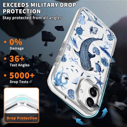 for iPhone 16 Case,Compatible with MagSafe,The Transparent TPU Silicone Protects The Phone Case from Drops, Slips and Fingerprints.Blue Ocean Whale Shark Octopus Turtle Collage