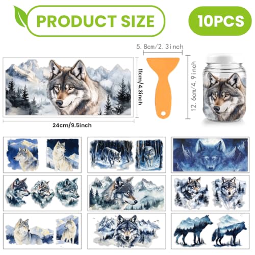 arricraft 10 Pcs Wolf Theme Cup Printing UV Transfer Papers, 10 Styles Watercolor Wolf and Snowy Mountains PVC DIY Heat Transfer Stickers for 16 OZ Glass Cups Crafts 9.5x4.3inch - style: Wolf Theme