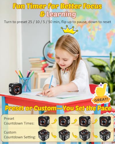 Digital Pomodoro Timer Cube 5/10/25/50min Preset, Silent & Sound Alarm - color: Black