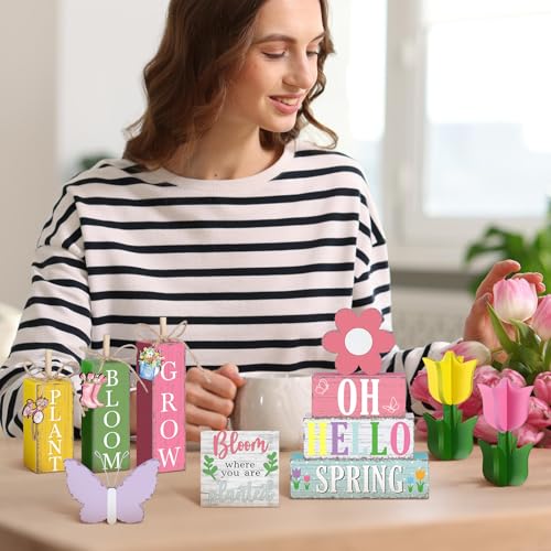 11 Pcs Spring Table Decorations Tulips Tiered Tray Decor Butterflies Home Centerpiece Decorative Wood Books Table Top Decor Flower Wooden Sign for Party Supplies - style: Spring