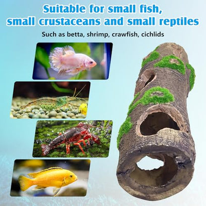 2 PCS Small Tree Trunk Aquarium Fish Tank Ornament, Betta Fish Hideout Caves, Resin Moss Tree Trunk Aquarium Decoration with Holes and Caves