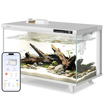 M1 5 Gallon Aquarium Starter Kit, App Control Smart Fish Tank with Filter, Auto Feeder, Quiet Pump, Timer Light, Temp Display, Crystal-Clear Glass Desktop Betta Tank for Guppy Shrimp, White