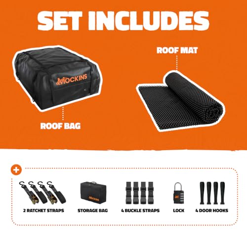 Mockins 16 Cu Ft Weatherproof No Rack Rooftop Cargo Carrier Bag 45"x34"x18" | Rooftop Cargo Bag for Top of Car | Car Topper Luggage Carrier Waterproof Set w/ Accessories | Vehicle Soft-Shell Carriers - size: Bag: 45"x34"x18"
