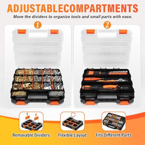 DIYSELF Tool Box Double-Sided, 34-Compartment Tool Organizer, Small Parts Organizer with Adjustable Space, Clear-Lid Small Storage Box for Hardware, Crafts, Beads, Jewelry and Fishing Accessories