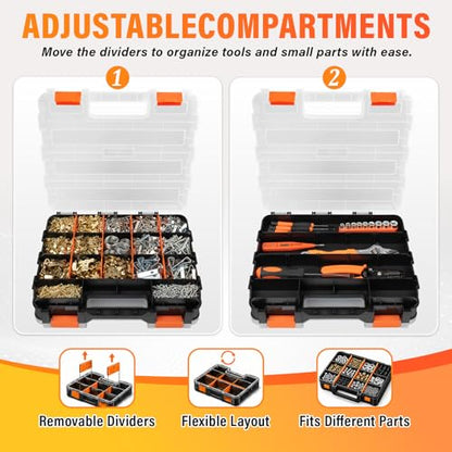 DIYSELF Tool Box Double-Sided, 34-Compartment Tool Organizer, Small Parts Organizer with Adjustable Space, Clear-Lid Small Storage Box for Hardware, Crafts, Beads, Jewelry and Fishing Accessories