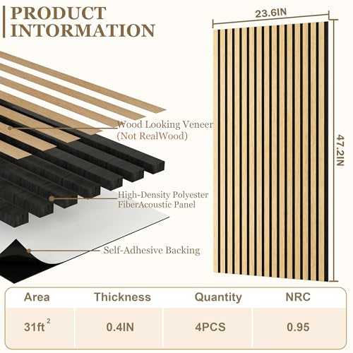 4-Pack Wood Veneer Acoustic Wall Panels,47.2"×23.6" Self-Adhesive Backing Sound Absorbing Panels,Decorative Sound Proof Panels for Walls Decor, Office, Recording Studio, Home (Burlywood Veneer)