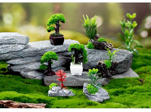 4Pcs Miniature Artificial Stone Rocks and Trees with Plants – Decorative Landscape Ornaments for Fairy Garden Accessories, Aquarium Decorations, Glass Dome Displays, DIY Craft Projects, Tabletop Décor