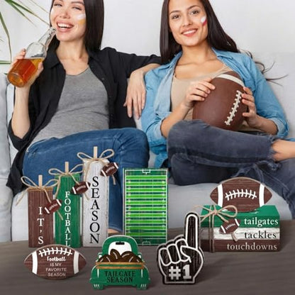 11 Pcs Football Table Decorations Football Tiered Tray Decor Centerpiece Decorative Wood Books Table Top Decor Tailgates Tackles Touchdowns Wooden Sign for Home Party Supplies - style: Football