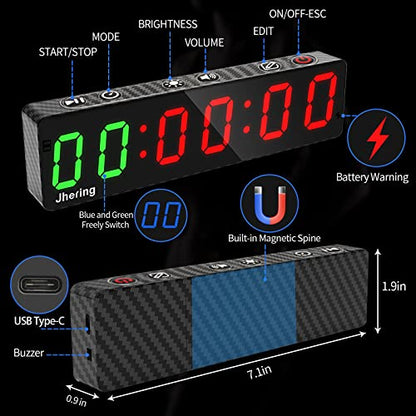 Gym Timer, Portable, Interval Timer with Rechargeable Battery and Built-in Magnet, LED Digital Anti Vertigo Display, Upgraded Workout Clock for Home Gym Garage Fitness - color: 1" Carbon Fiber
