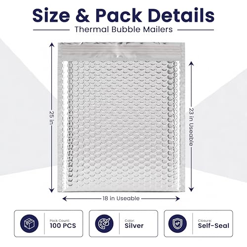 100-Pack Insulated Silver Thermal Bubble Mailers 18 x 23 - Waterproof Metallic Foil Self-Sealing Padded Envelopes for Cold Shipping, Perishables, Food, Cosmetics, Pharmaceuticals - size: 18 x 23 | 100 Qty