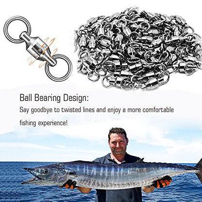 AMYSPORTS Barrel Ball Bearing Swivel Saltwater Rolling Fishing Swivels Stainless Steel High Strength Connector Bearings Solid Welded Rings Black Nickel - size: Size 6+6 (176lb) 50 pcs