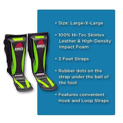 Ultimate Shield Muay Thai Shin & Instep Guards, 100% Hi-Tec Skintex Leather, High-Density Foam Padding, Three-Foot Straps, Rubber Traction Dots, Ideal for Kickboxing Training