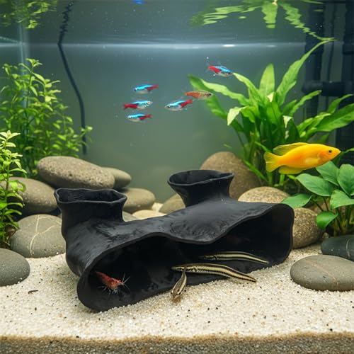 Dual-Entrance Rock-Texture Cave, Aquarium Cave Fish Tank Shelter with Fish Tunnel for Swimming & Hiding Aquarium Decor Shelter for Betta, Shrimp & Snails