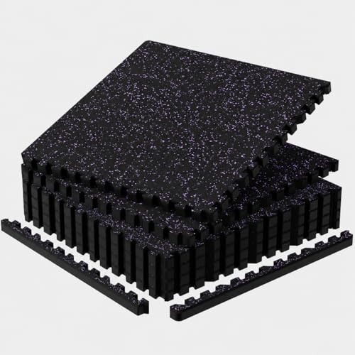 1'' Thick 24 Sq Ft Protective Gym Flooring for Home Gym, 6 Tiles Extra-Thick Rubber Top with High Density EVA Foam, Interlocking Exercise Equipment Mats, Heavy Weight Workout, Black & Purple - color: Black/Purple, size: 24 Sq Ft (6 Tiles)
