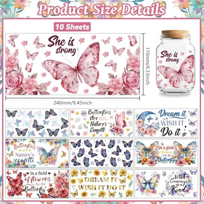 UV DTF Cup Wraps Transfer Stickers Butterflies Pattern, 10 Sheets Waterproof Custom Vinyl Transfer Sticker 16oz Coffee Glass Cup Tumbler Bottle Mug Decals for Men Women - style: Butterflies