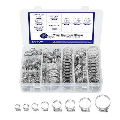FARRAY 150 PCS Hose Clamps Assortment Kit, Adjustable 1/4"- 2"(6-51mm) Worm Gear Hose Clamps, 304 Stainless Steel Hose Clamps for Plumbing, Automotive and Mechanical Applications