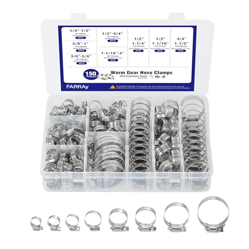 FARRAY 150 PCS Hose Clamps Assortment Kit, Adjustable 1/4"- 2"(6-51mm) Worm Gear Hose Clamps, 304 Stainless Steel Hose Clamps for Plumbing, Automotive and Mechanical Applications