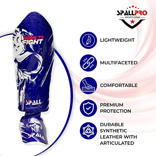 Spall Pro US Muay Thai Guards Shin Guards for Kickboxing Martial Arts Kicking BJJ Boxing Equipment MMA Training and Sparring Leg Guard with Instep Protection Pads Born to Fight Blue (Medium)