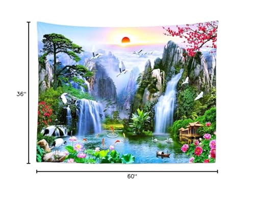 BELECO 5x3ft Fabric Fairyland Mountain Lake Photography Backdrop Waterfalls Swans Fish Flowers Dreamy Natural Landscape Painting Background Wall Murals Home Decor Kids Adults Portrait Photoshoot