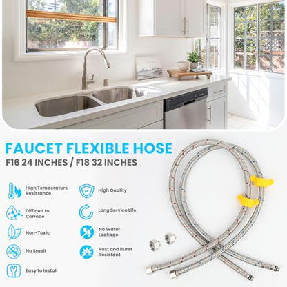 Klabb 32-Inch Stainless Steel Braided Faucet Supply Line, 3/8" Compression x M10 Faucet Connector, Includes 1/2" FIP Adapters, SS304 Flexible Water Hose for Bathroom & Kitchen Sink Faucets