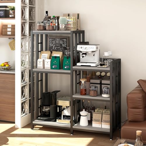 METYERRY6-Tier Adjustable Mini Fridge Cabinet With Power Outlet,Kitchen Bakers Rack With storage,Mini Fridge And Microwave Stand,Coffee Bar, Free Standing Shelf for Kitchen, Home Office,Balcony,Greige