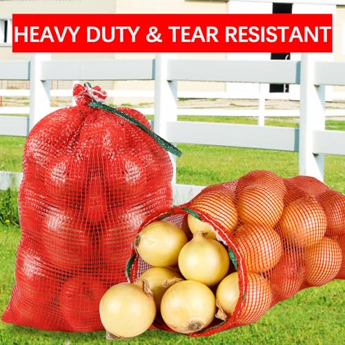 32 Pcs 20x14in Red Mesh Onion Bags with Drawstring, 35 lb Reusable Fresh Produce Onion Storage Sacks For Onions Potato Garlic Citrus Crawfish and Firewood, Washable Breathable Net Bags For Vegetable | Breathable