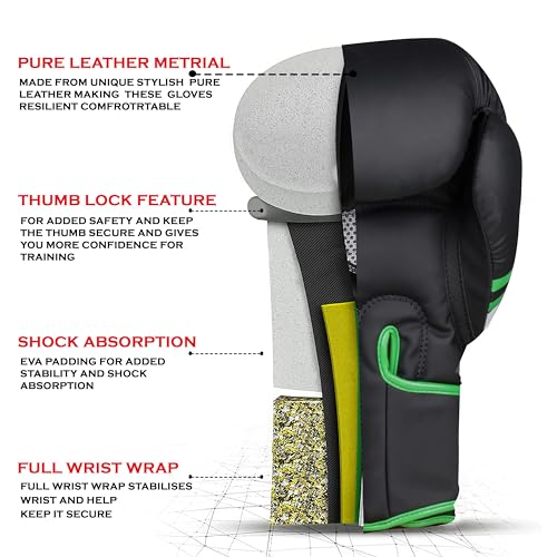 Boxing Gloves for Men & Women – Faux Leather Muay Thai, Kickboxing, MMA & Sparring Gloves – Training Heavy Bag Gloves with Secure Wrist Strap & Thumb Lock – 2 4 6 8 10 12 14 16oz - color: GREEN/BLACK, size: 6 OZ