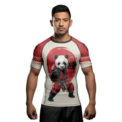 Panda Fighter Men's Short Sleeve Compression Rash Guard MMA Jiu Jitsu BJJ Grappling Base Layer Combat Shirt - color: V1, size: X-Large