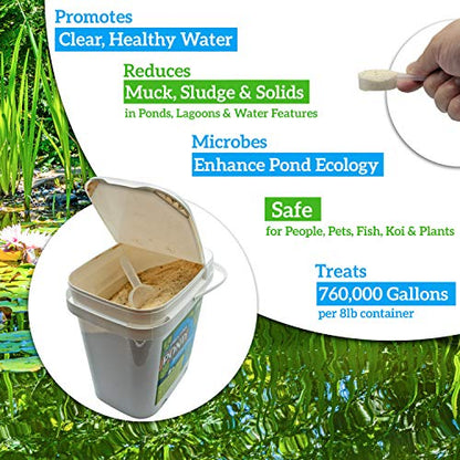 Pond Cleaner & Clarifier - Outdoor Pond Treatment to Remove Muck & Sludge with Natural Pond Bacteria for Clear Water in Outdoor Ponds, Safe for Live Koi Fish & Water Plants - 8lbs, Treats 760k Gallons