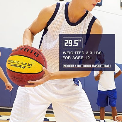 KUYOTQ 3LBS/3.3LBS/2.2LBS Weighted Heavy Training Basketball 29.5/28.5" in and Outdoor Improving Handling Dribbling Passing Rebounding Skill Composite Size 7/6 Weighted Training Basketball Equipment - color: Brown+Yellow, size: Size 7 Adult & Pro - 29.5"-