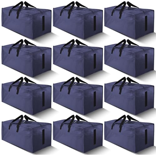 12 Pack Large Strong Moving Bags with Zippers & Carrying Handles - Water-Resistant - Heavy Duty Storage Tote for Space Saving, Fold Flat, Alternative to Moving Box (Blue)