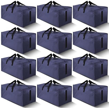 12 Pack Large Strong Moving Bags with Zippers & Carrying Handles - Water-Resistant - Heavy Duty Storage Tote for Space Saving, Fold Flat, Alternative to Moving Box (Blue)