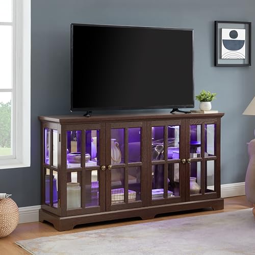 Cherry Finish Antique Display Cabinet with LED Lights, 4 Glass Doors & Adjustable Shelves for Collectibles, Home or Office Showcase