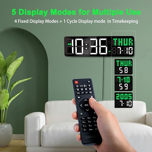 LUCORB Gym Clock with Seconds, 12" Digital Wall Clock for Home Gym - Remote Control Workout Clock with HIIT Countdown, Voice Prompt 5 Display Modes 4 Training Alarms for Garage Classroom Office