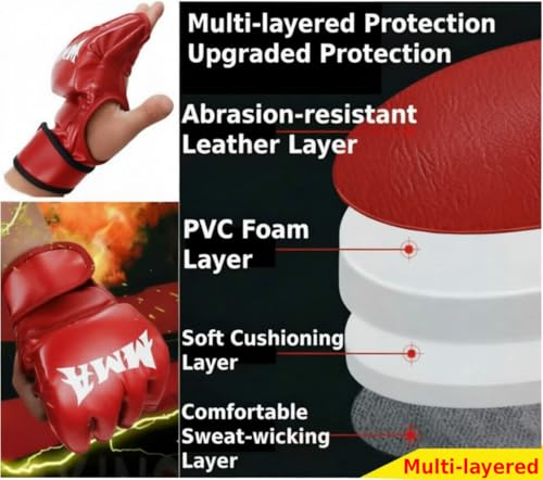 MMA Gloves Grappling Sparring, Mixed Martial Arts Mitts Men Women Boxing Gloves, Combat Sports Training, Muay Thai, Kickboxing, Open Palm Training Gloves for Grappling - color: Red