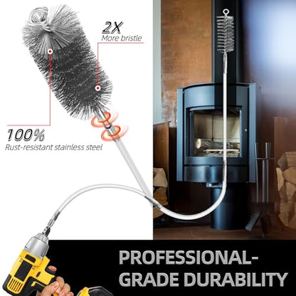 Drill-Powered Chimney & Pipe Cleaning Brush Kit - 50" Flexible Rods, 4 Stainless Steel Brush Heads (15-50mm), for Fireplace, Auto Parts, Tubes