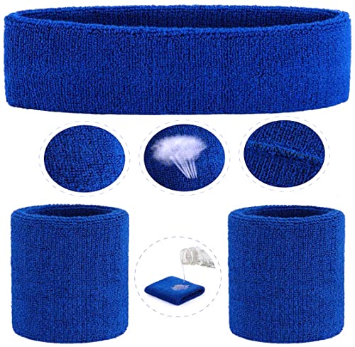 ONUPGO Sweatband Set Sports Headband Wristband Set Sweatbands Terry Cloth Wristband Wrist Sweatband Headbands Moisture Wicking Sweat Absorbing Head Band - color: Blue